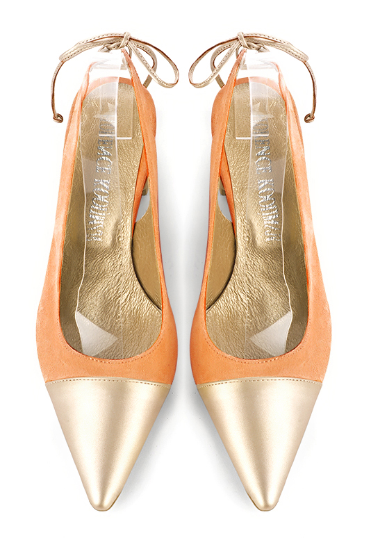 Gold and marigold orange women's slingback shoes. Pointed toe. Medium flare heels. Top view - Florence KOOIJMAN